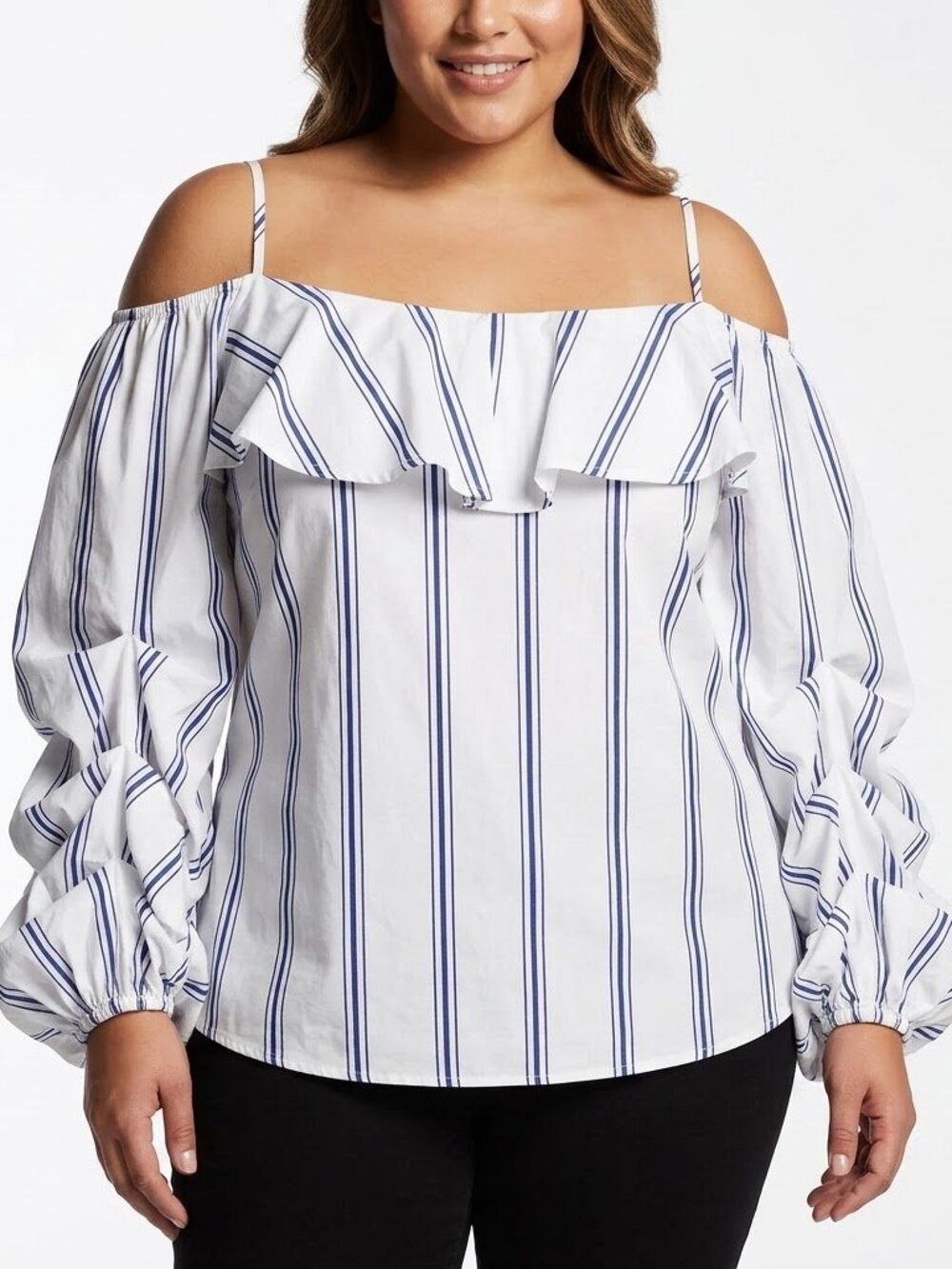 UPS & DOWNS Nautical Coastal Prep Ruffle Cold Shoulder Top 2X